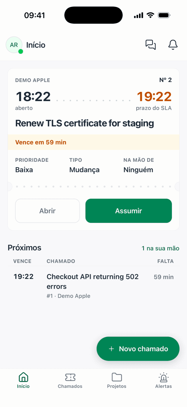 Tela Início do app OpsScript: chamado sem dono com prazo do SLA, botão Assumir e lista dos próximos chamados